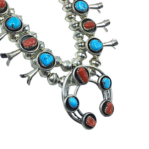 Navajo Turquoise & Coral Children's Squash Blossom Necklace  by Phil & Lenore Garcia -Small Size