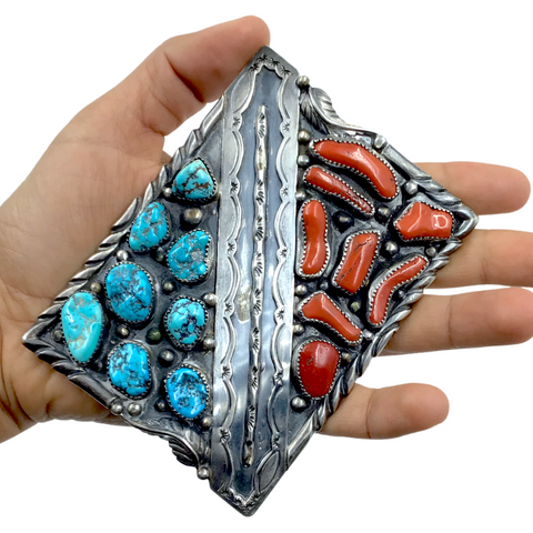 Image of Navajo Kingman Turquoise & Coral Cluster Stamped Sterling Silver Belt Buckle - Ration - Native American
