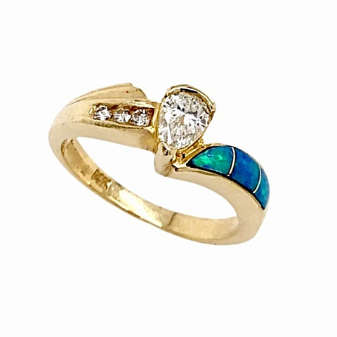 Image of Gold Jewelry - 14K Solid Gold .29 CT Teardrop Diamond & Natural Australian Opal Inlay Designer Ring