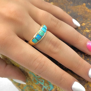 Gold Jewelry - 14K Solid Gold & Natural Australian Opal Inlay Designer Ring