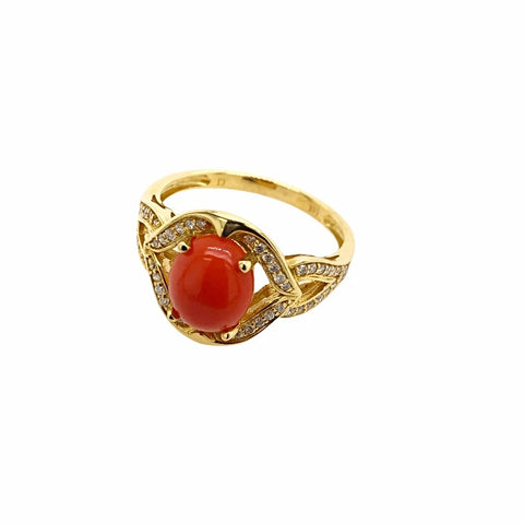 Image of Gold Jewelry - 18K Solid Gold Red Coral Cabochon & Diamonds Stylized Halo Designer Ring Band
