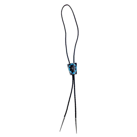 Image of Native American Bolo Tie - Zuni Turquoise And Onyx Inlay Bolo Tie - Deanna Martinez