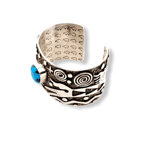 Native American Bracelet - Alex Sanchez Petroglyph Horse Cuff  Bracelet With Kingman Turquoise