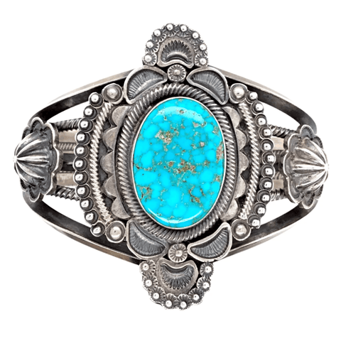 Image of Native American Bracelet - Navajo Spider Web Turquoise Embellished Silver Bracelet - Pawn