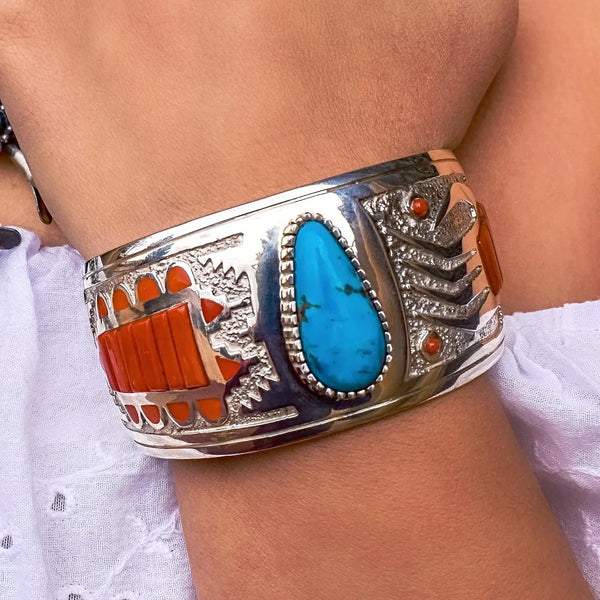 Sold Navajo Two Stone Sleeping Beauty Turquoise Flower Sterling Silver Cuff  Bracelet - Max Calladitto - Native American