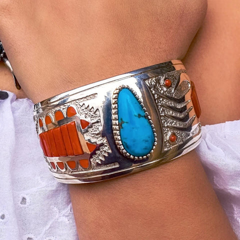 Image of Native American Bracelet - Navajo Turquoise & Red Coral Inlay Cuff Bracelet - Michael Perry - Native American