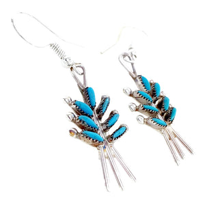 Native American Earrings - Fine Zuni Needle Point Sleeping Beauty Turquoise Sterling Silver Dangle Earrings -