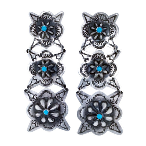 Image of Native American Earrings - Large Navajo Triple Tier Sleeping Beauty Turquoise Hand Stamped Dangle Earrings