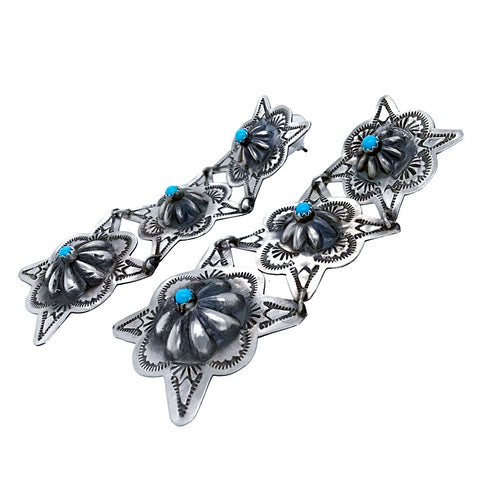 Image of Native American Earrings - Large Navajo Triple Tier Sleeping Beauty Turquoise Hand Stamped Dangle Earrings