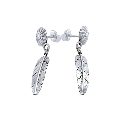 Image of Native American Earrings - Navajo Small Feather Sterling Silver Dangle Post Earrings - Native American