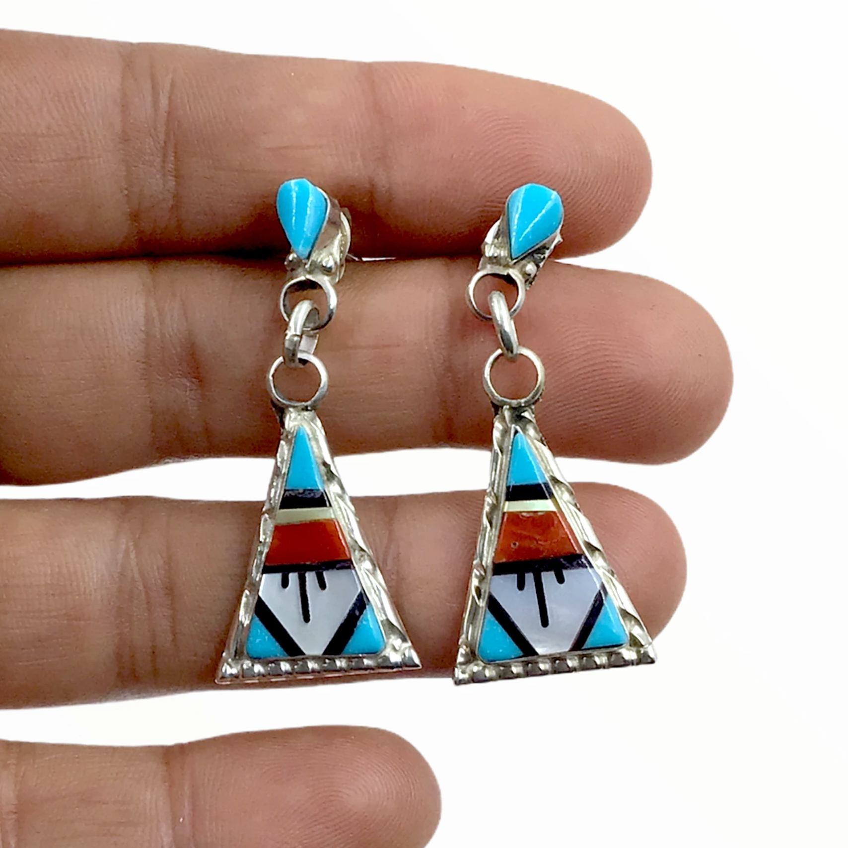 Earrings inlay onyx, turquoies, Native American Zuni store made