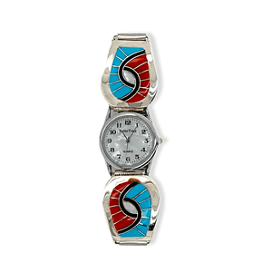 Native American Jewelry - Zuni Sleeping Beauty Turquoise And Coral Swirl Inlay Men's Watch - Amy Quandelacy
