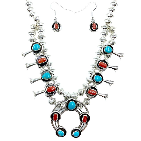 Navajo Petite Children s Turquoise Red Coral Squash Blossom