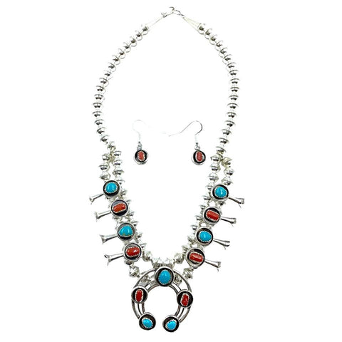 Image of Native American Necklaces - Navajo Petite Children's Turquoise & Red Coral Squash Blossom Necklace Set - Phil & Lenore Garcia - Native American