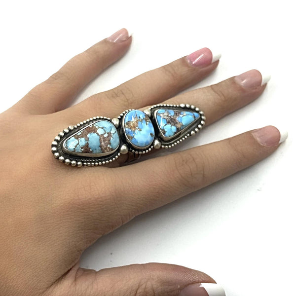 sold Navajo Large 3-Stone Golden Hills Turquoise Sterling Silver