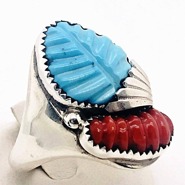 Zuni Men's Turquoise and Coral Ring Native American