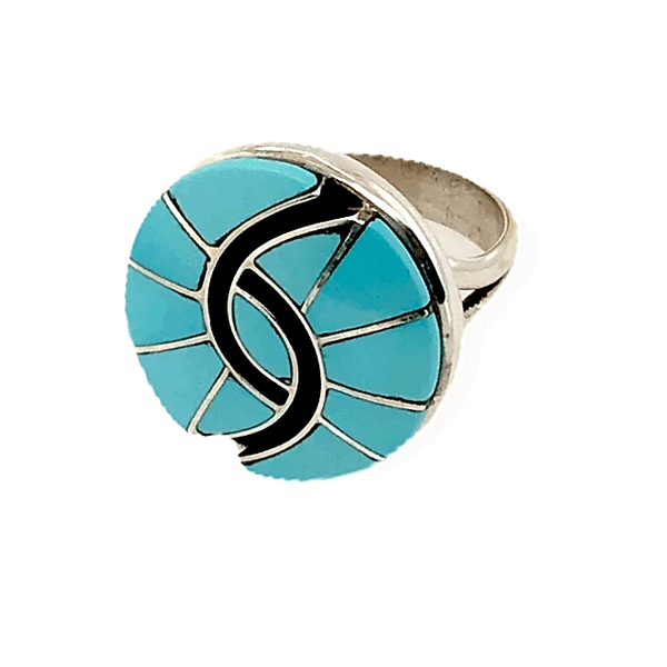 sold Zuni Sleeping Beauty Turquoise Inlay Ring - Amy Quandelacy