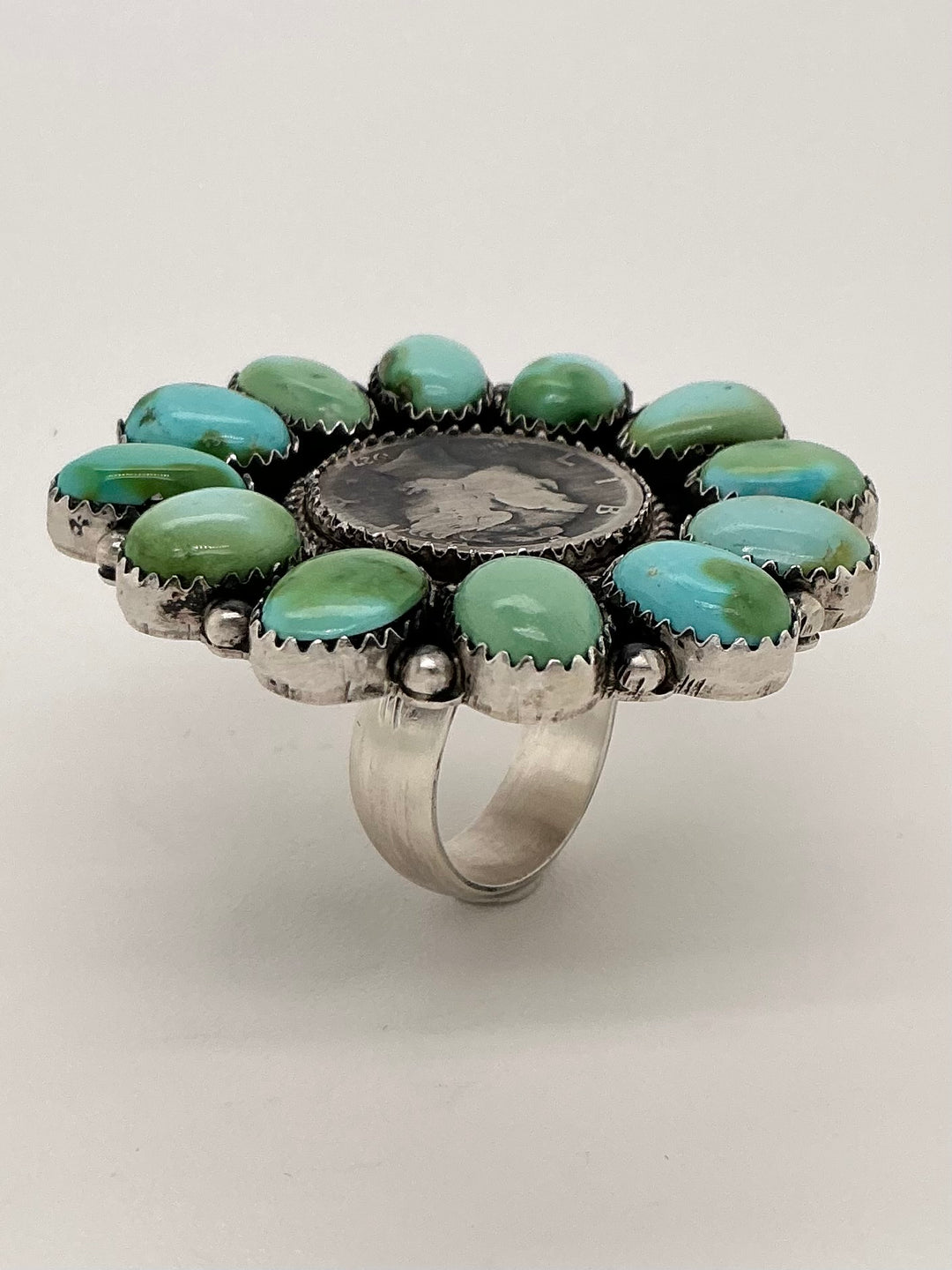 Navajo Sonoran Gold Turquoise Mercury Dime Center Flower Ring