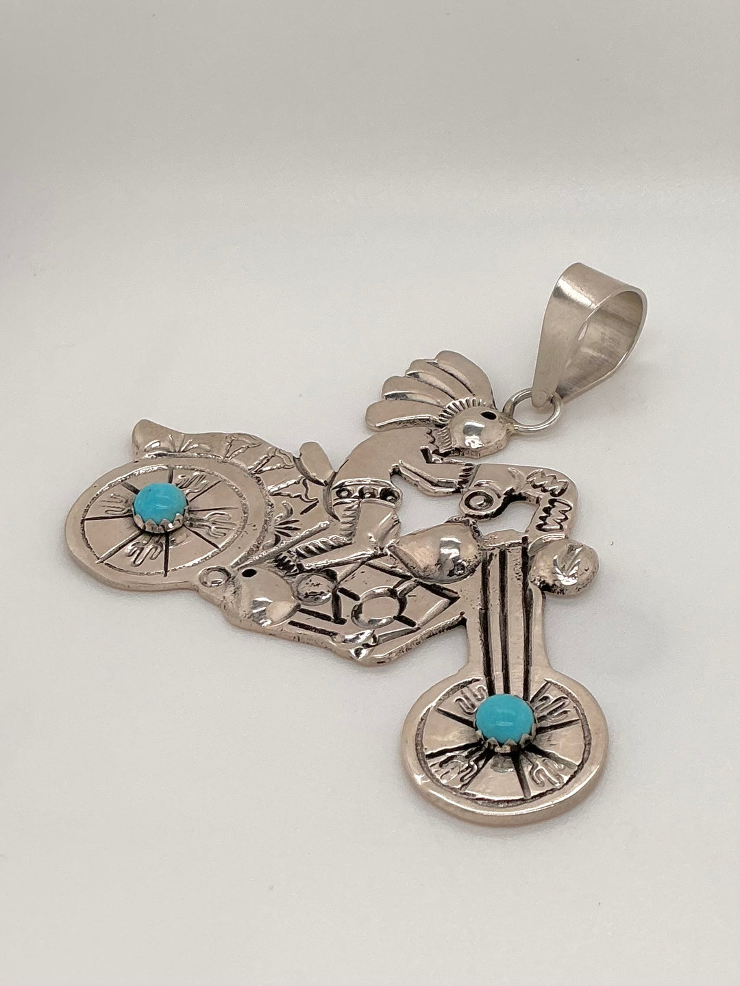 Navajo Kokopelli on Motorcycle with Kingman Turquoise Wheels Pendant