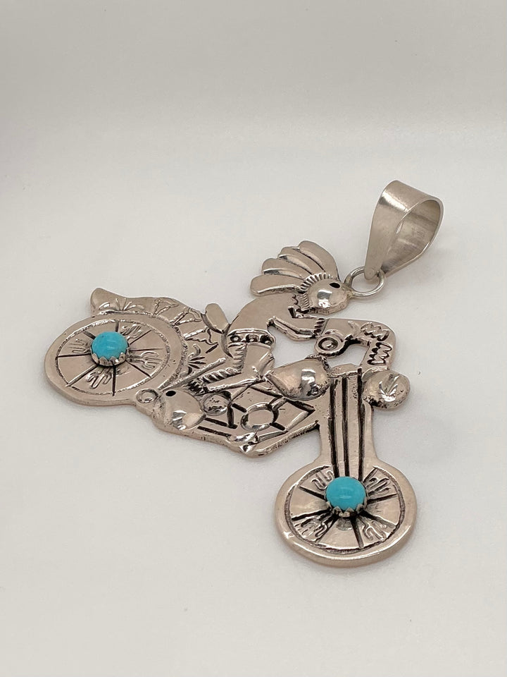 Navajo Kokopelli on Motorcycle with Kingman Turquoise Wheels Pendant