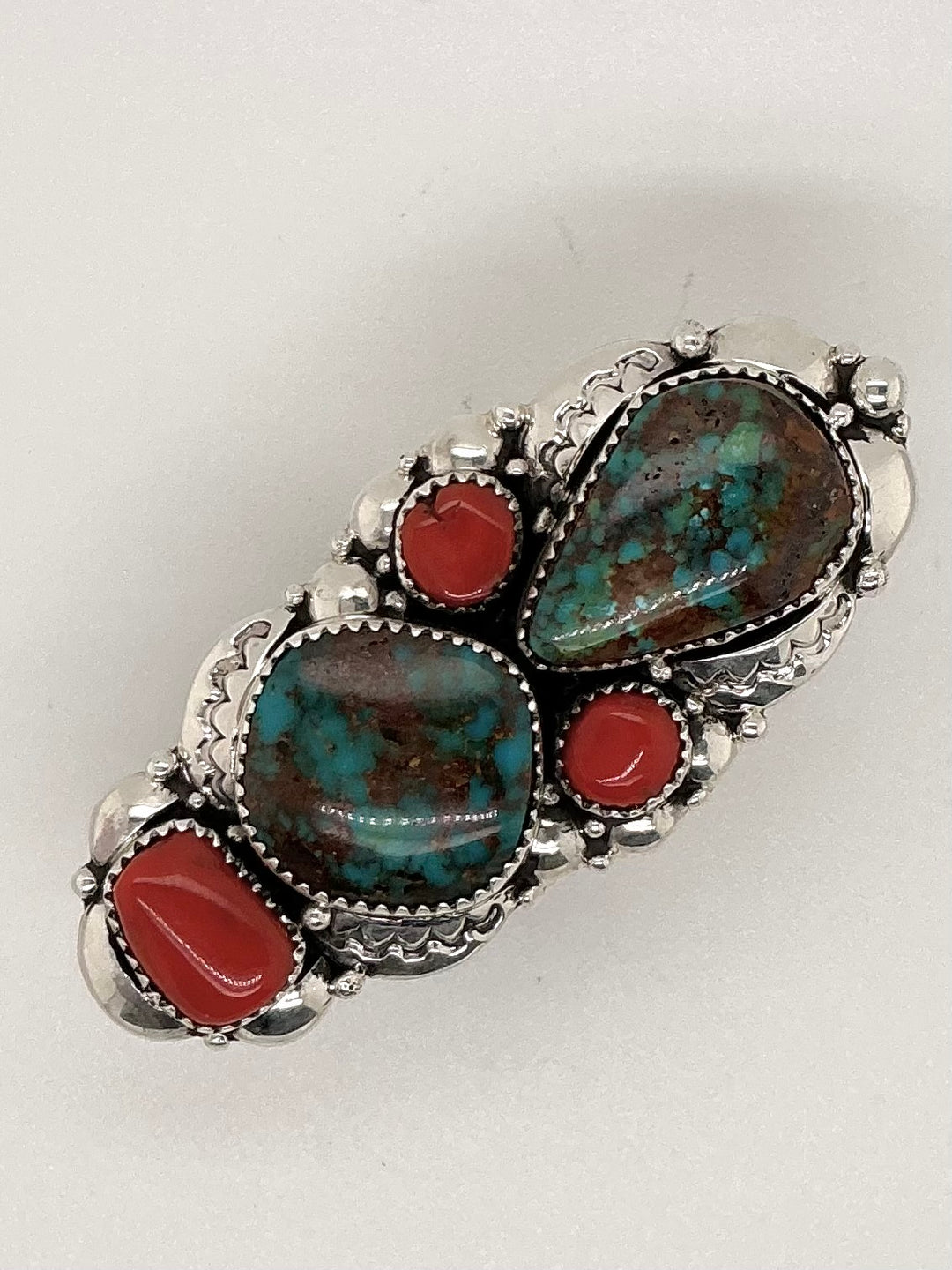 Navajo Royston Turquoise and Coral Ring