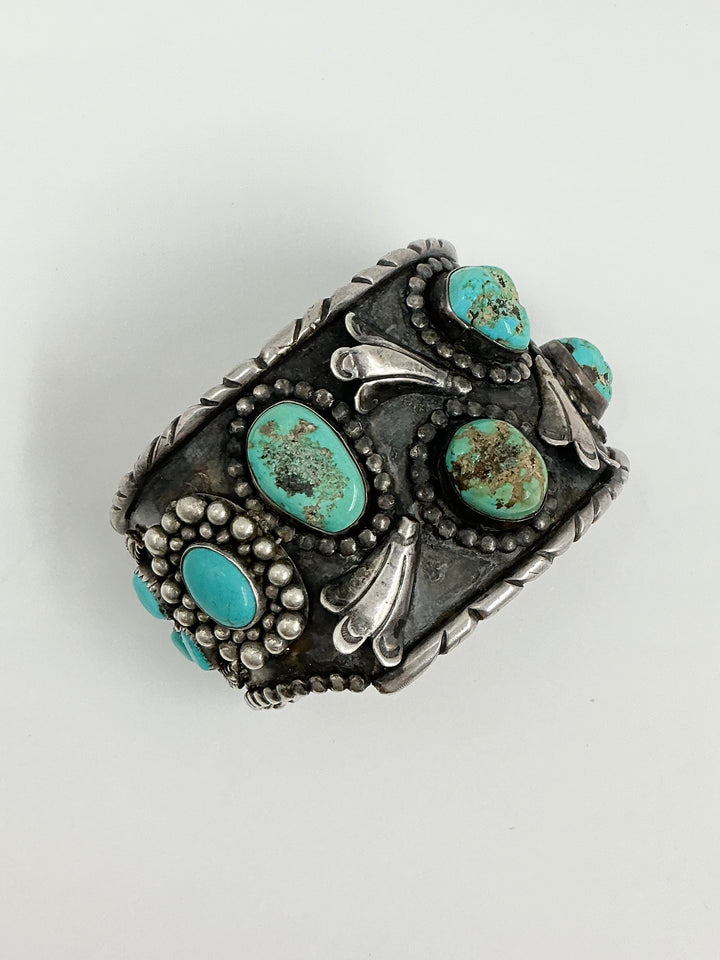 Vintage Pawn Navajo Kingman Turquoise Silver Blossom Cuff Bracelet