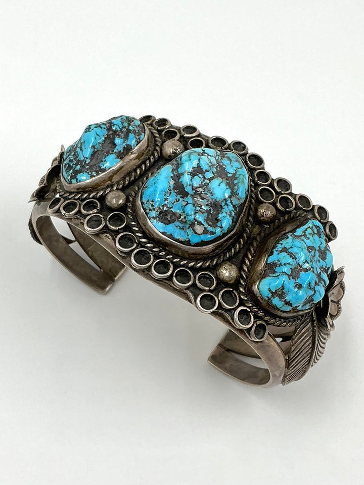 Navajo Vintage/Pawn Traditional Leaf Design Kingman Turquoise Cuff Bracelet