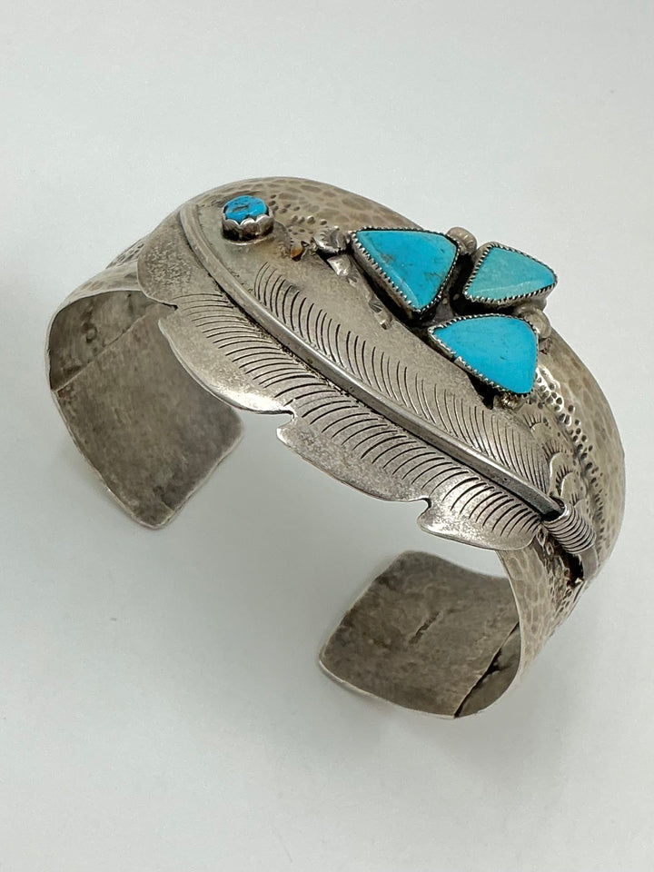Vintage/ Pawn Traditional Leaf Design Kingman Turquoise Cuff Bracelet