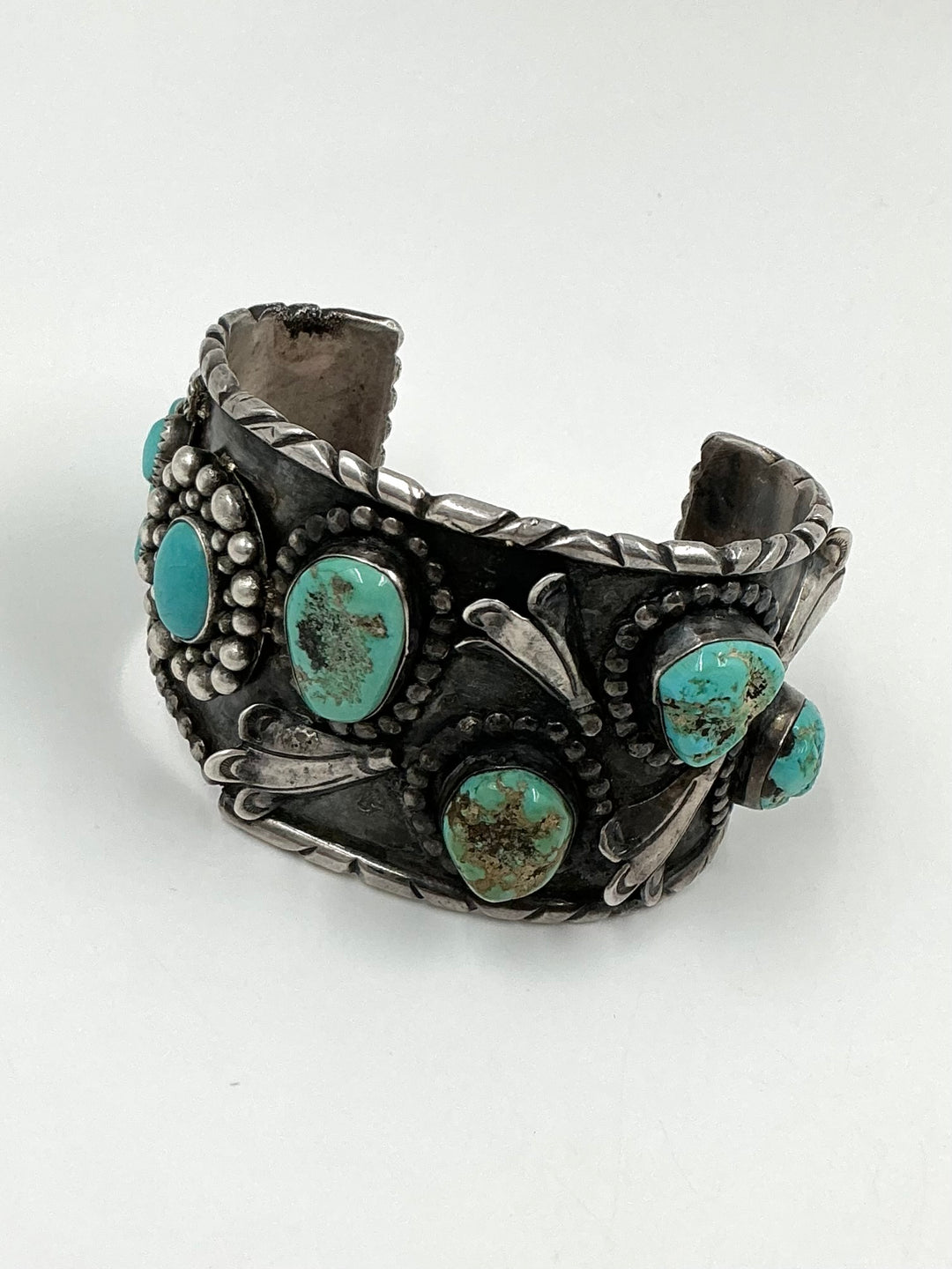 Vintage Pawn Navajo Kingman Turquoise Silver Blossom Cuff Bracelet