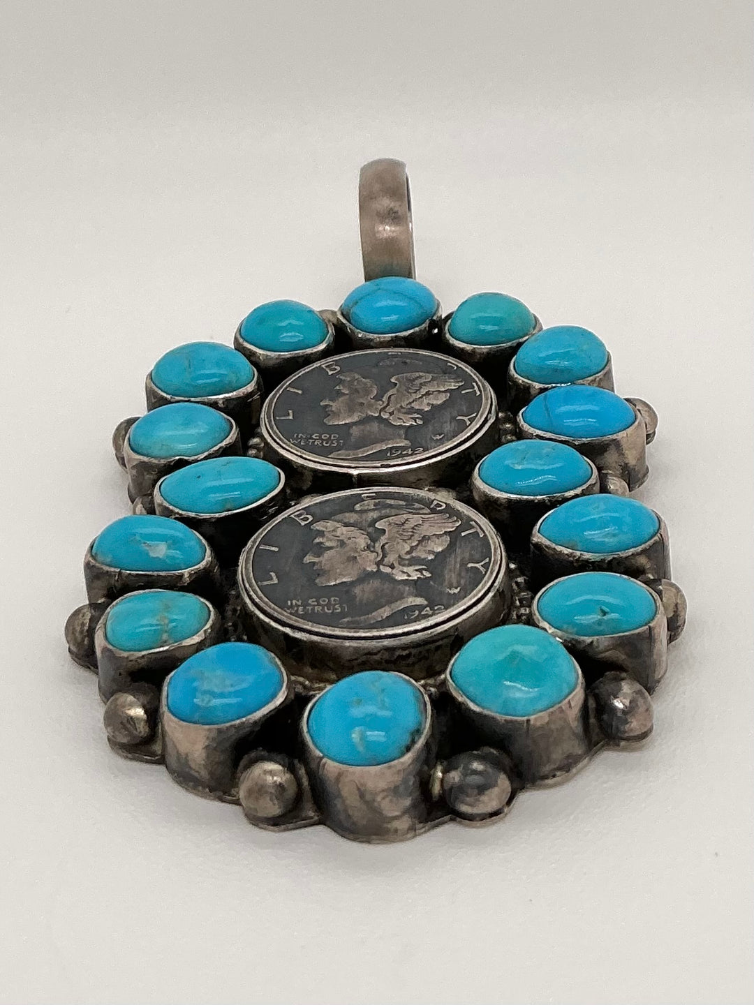 Navajo Kingman Turquoise Mercury Dime Pendant