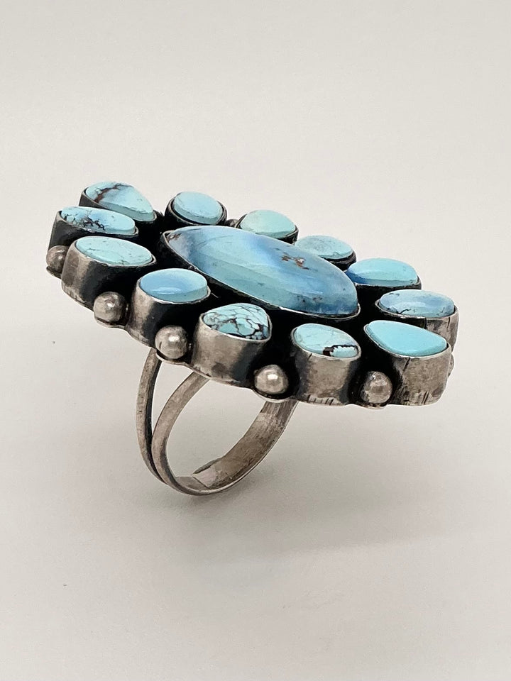 Navajo Golden Hills Turquoise Flower Ring Oval Center-stone