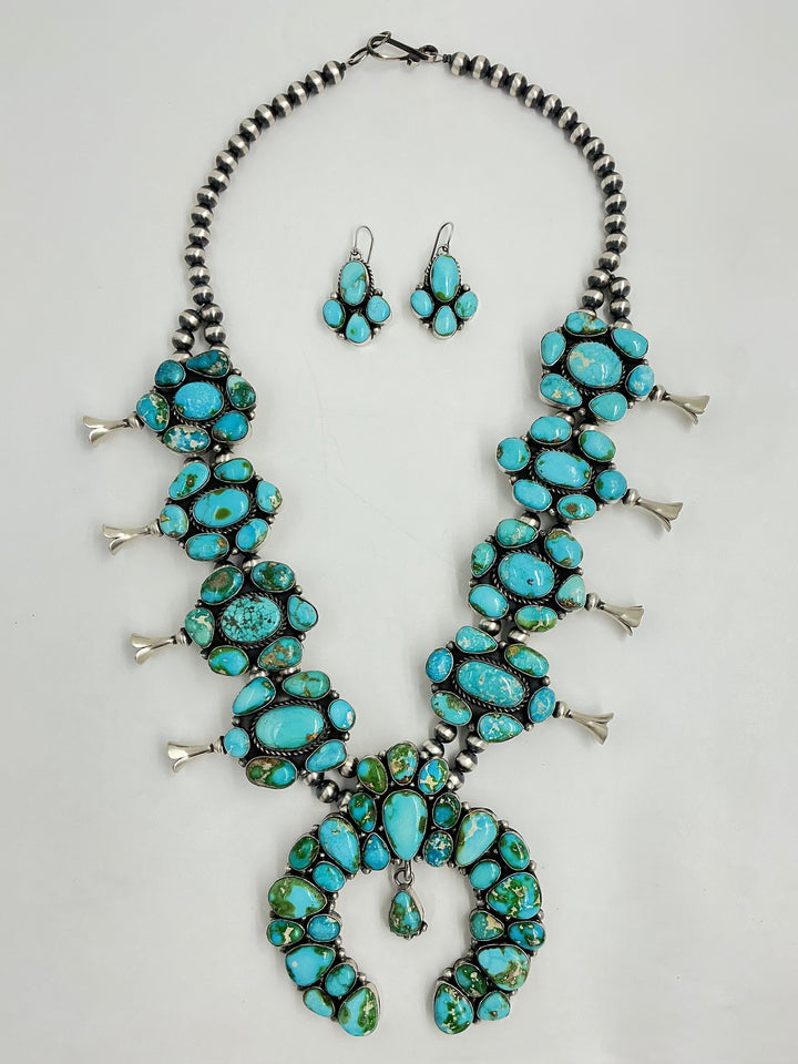 Large Traditional Navajo Sonoran Gold Turquoise Squash Blossom Necklace
