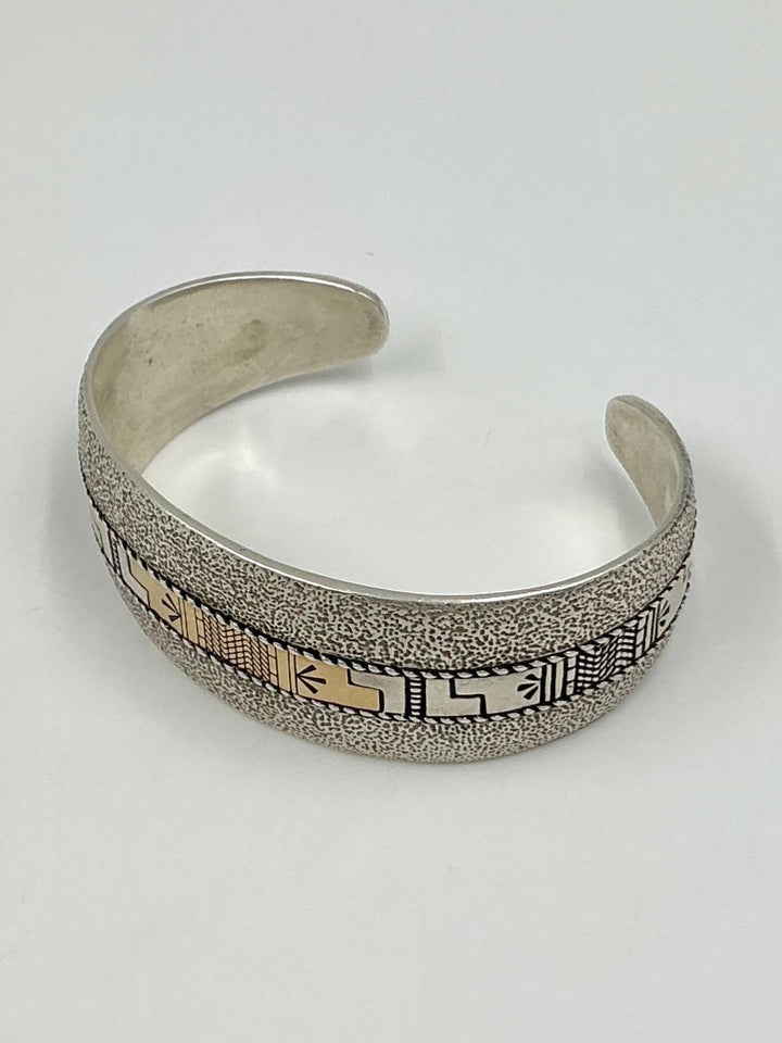 Navajo Pawn Sterling Silver, 14K Gold Inlaid Cuff Bracelet