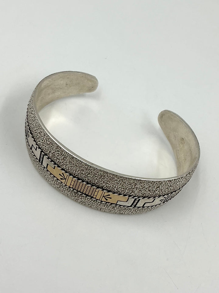 Navajo Pawn Sterling Silver, 14K Gold Inlaid Cuff Bracelet