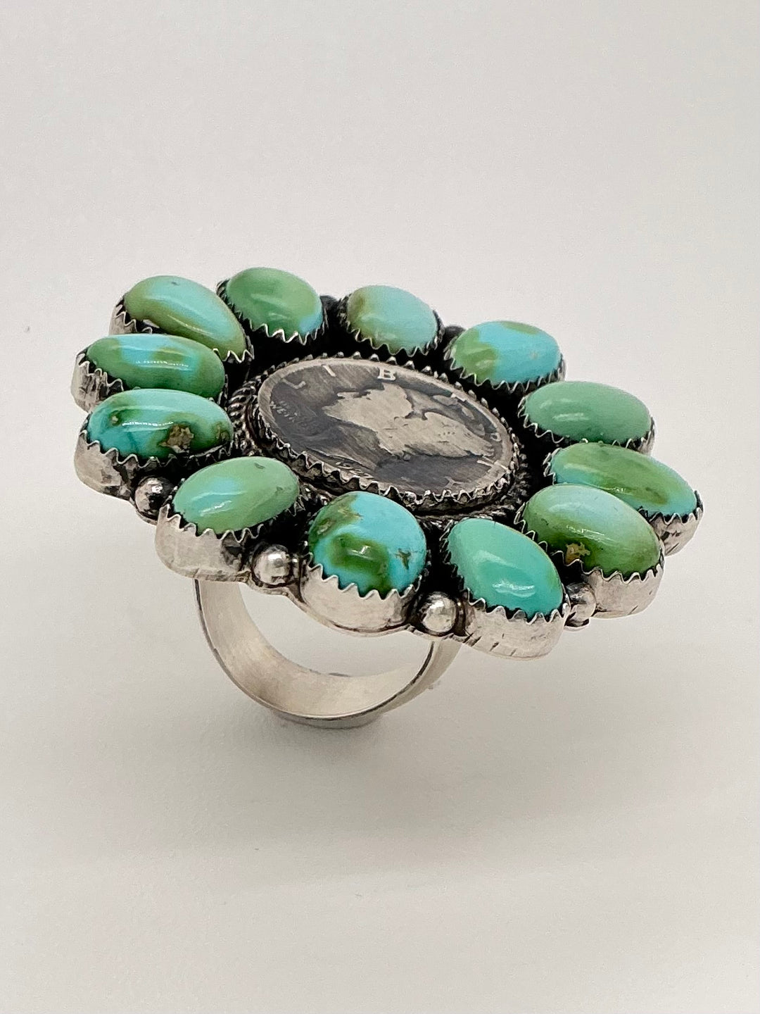 Navajo Sonoran Gold Turquoise Mercury Dime Center Flower Ring