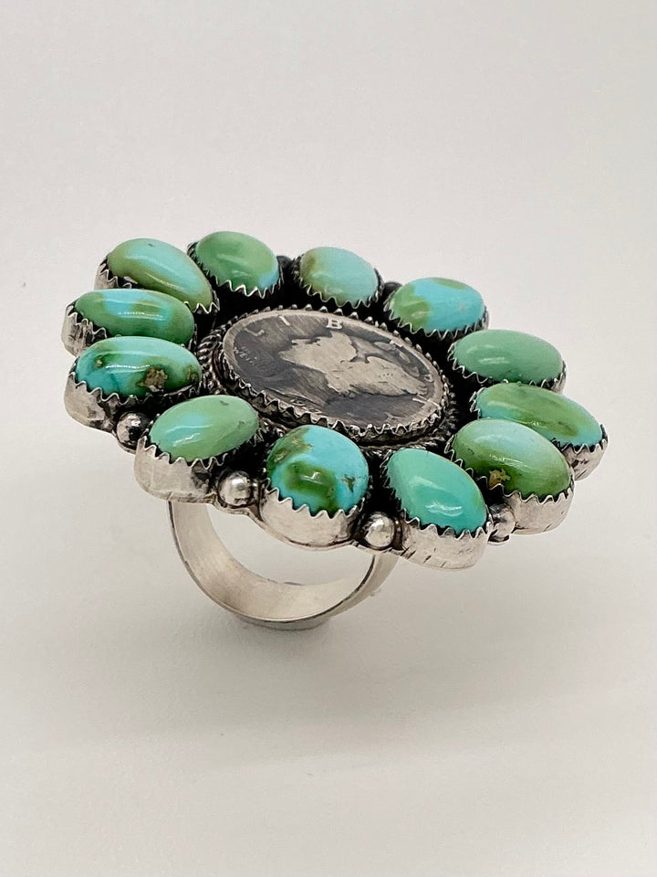 Navajo Sonoran Gold Turquoise Mercury Dime Center Flower Ring