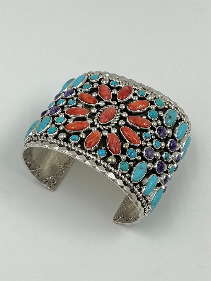 Vintage/ Pawn Spiny Oyster Flower, Charolite, Kingman Turquoise Cuff Bracelet