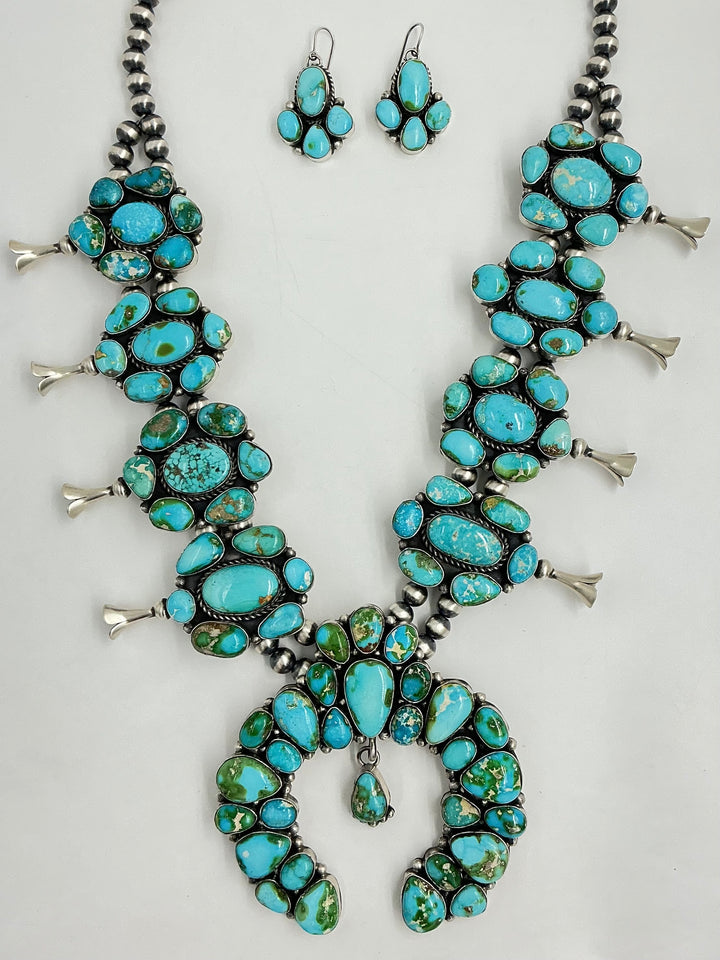 Large Traditional Navajo Sonoran Gold Turquoise Squash Blossom Necklace