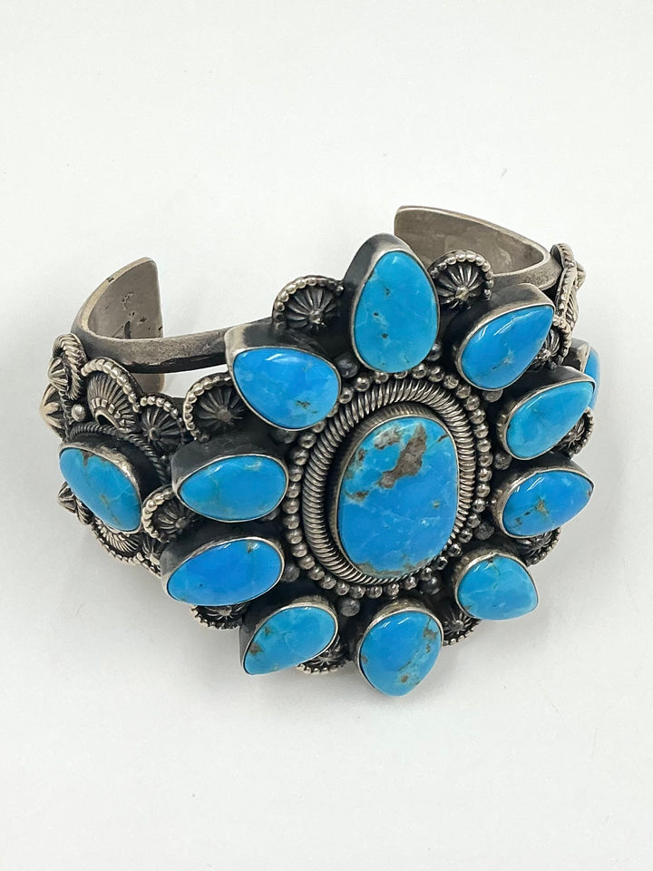 Navajo Flower Design Kingman Turquoise Cuff Bracelet