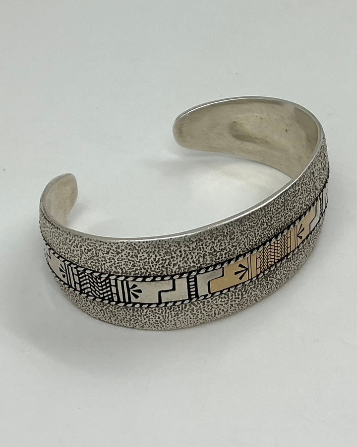 Navajo Pawn Sterling Silver, 14K Gold Inlaid Cuff Bracelet
