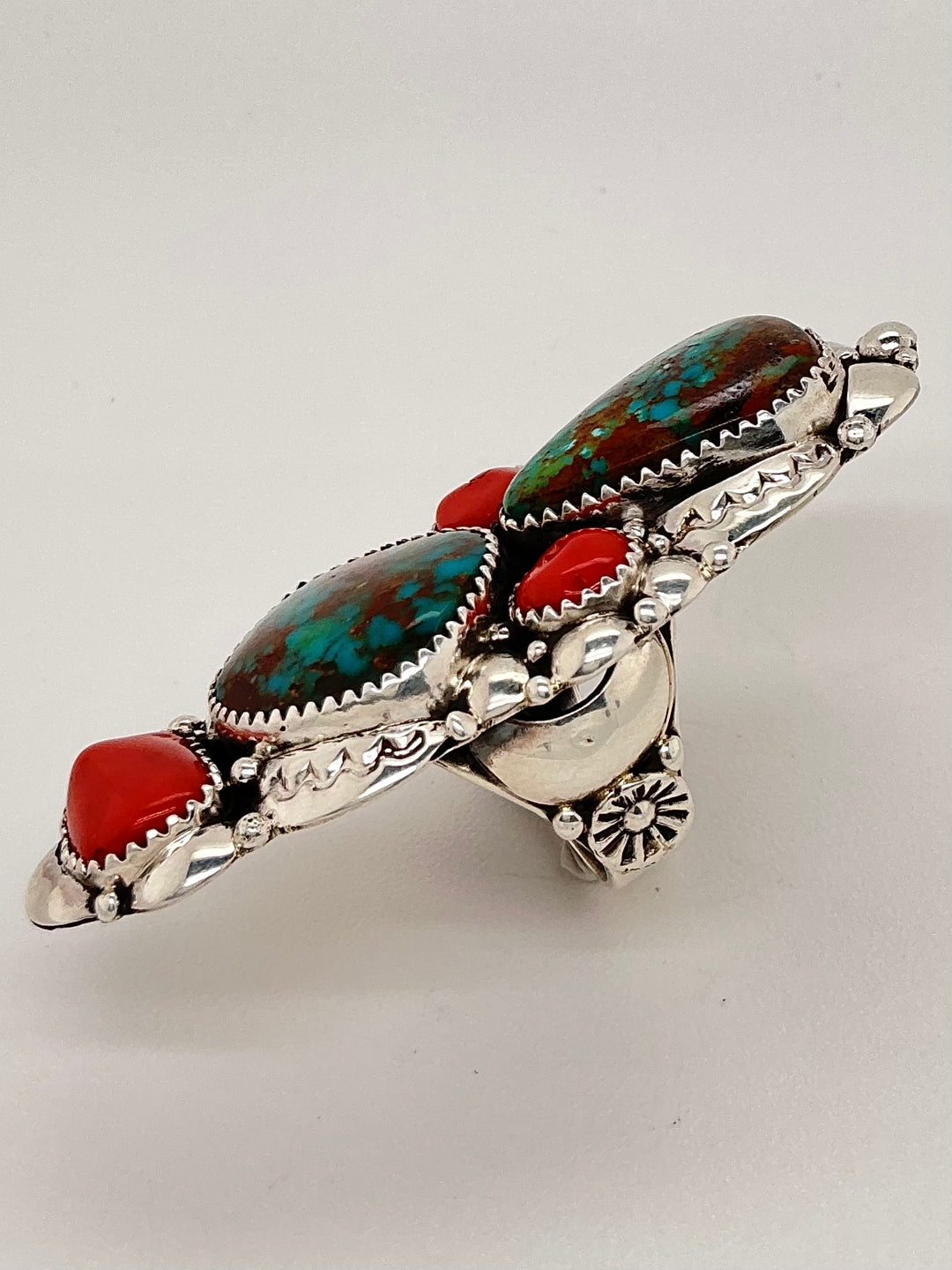 Navajo Royston Turquoise and Coral Ring