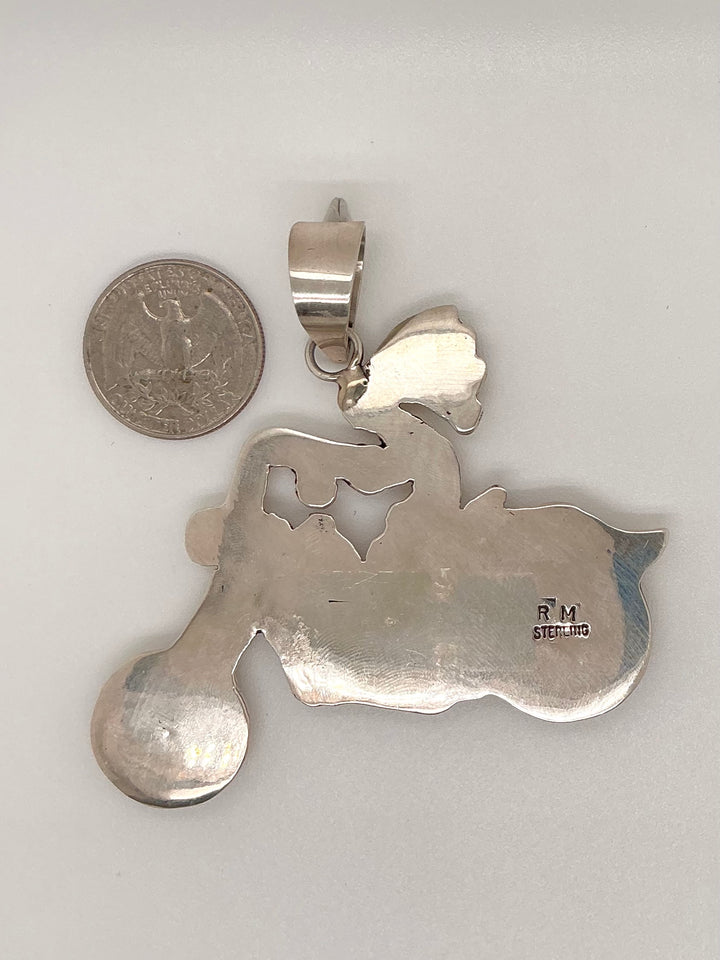 Navajo Kokopelli on Motorcycle with Kingman Turquoise Wheels Pendant