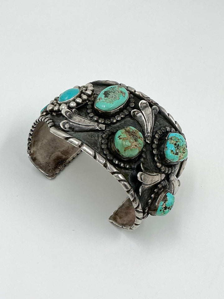 Vintage Pawn Navajo Kingman Turquoise Silver Blossom Cuff Bracelet
