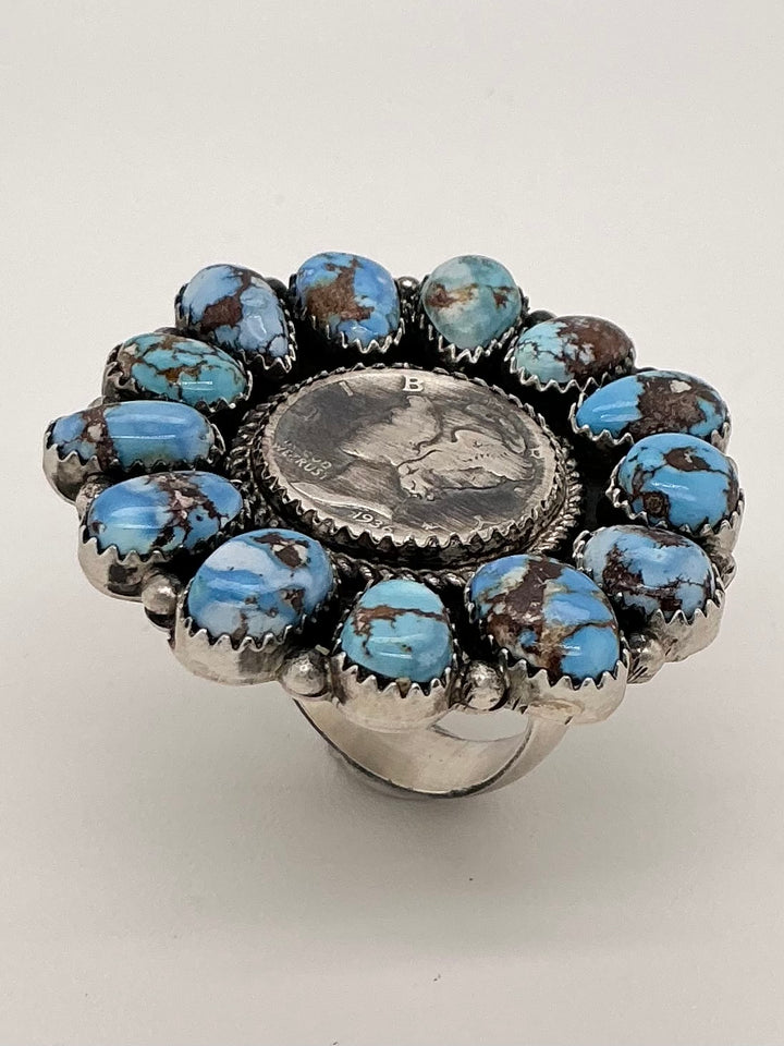 Golden Hills Turquoise Mercury Dime Flower Ring Adjustable