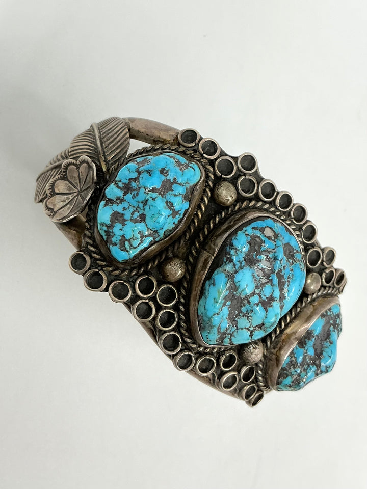 Navajo Vintage/Pawn Traditional Leaf Design Kingman Turquoise Cuff Bracelet