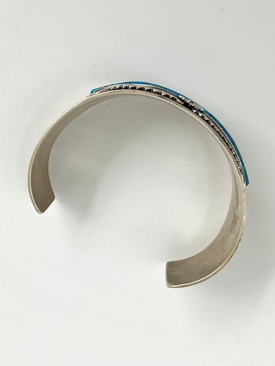 Pawn Navajo Sleeping Beauty Turquoise Inlaid Leaf Design Cuff Bracelet