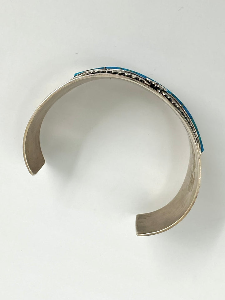 Pawn Navajo Sleeping Beauty Turquoise Inlaid Leaf Design Cuff Bracelet