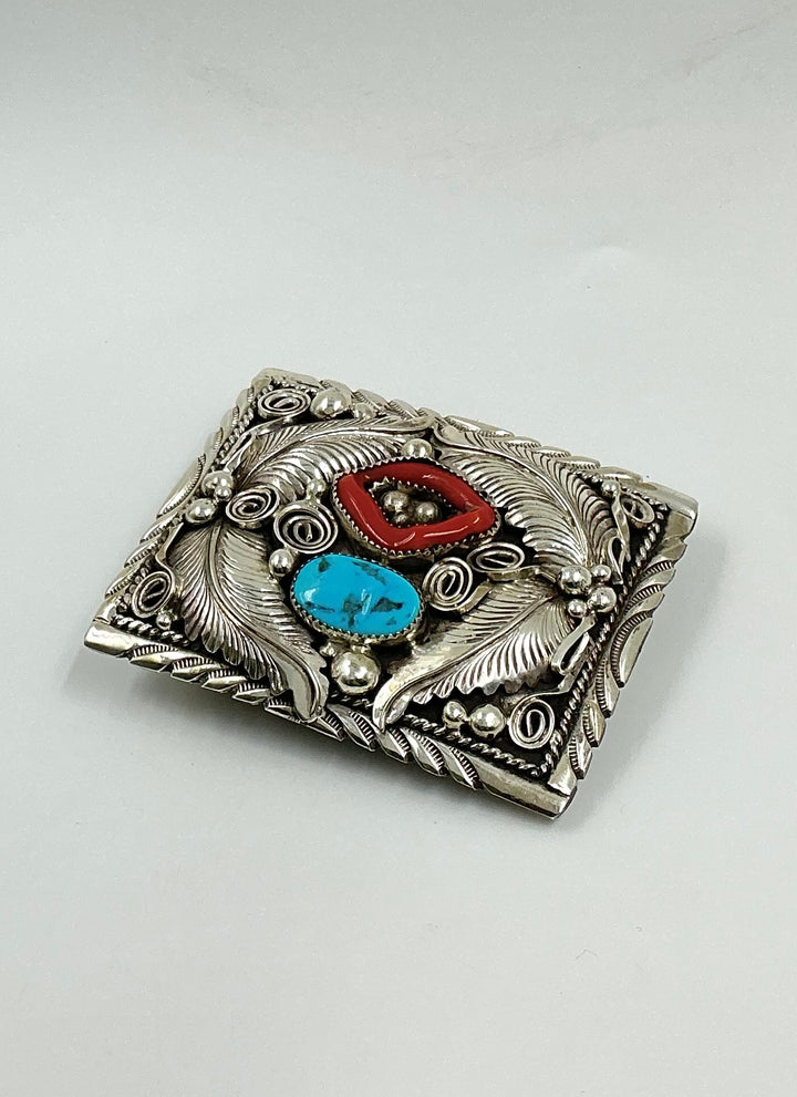 Navajo Traditional Leaf Design With Coral and Sleeping Beauty Turquoise Buckle