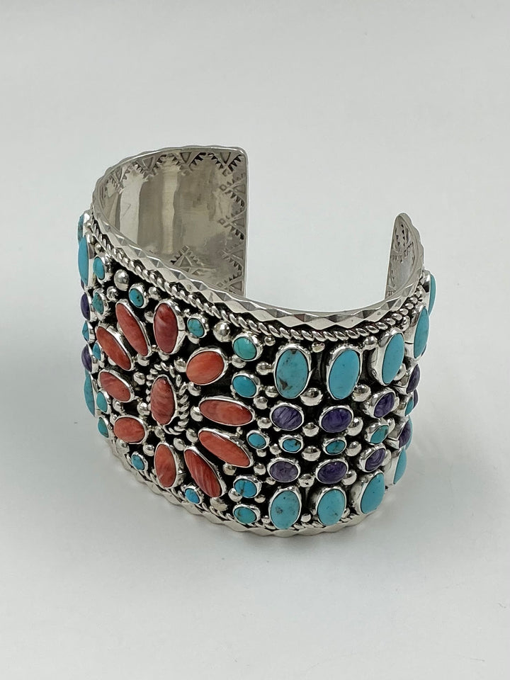 Vintage/ Pawn Spiny Oyster Flower, Charolite, Kingman Turquoise Cuff Bracelet