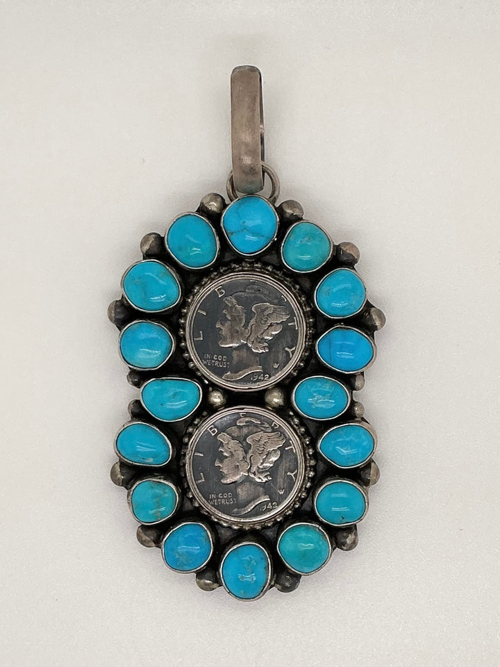 Navajo Kingman Turquoise Mercury Dime Pendant